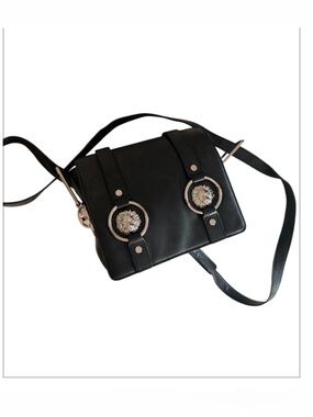 Versus Versace Black Leather Crossbody with Silver Medallion Accents